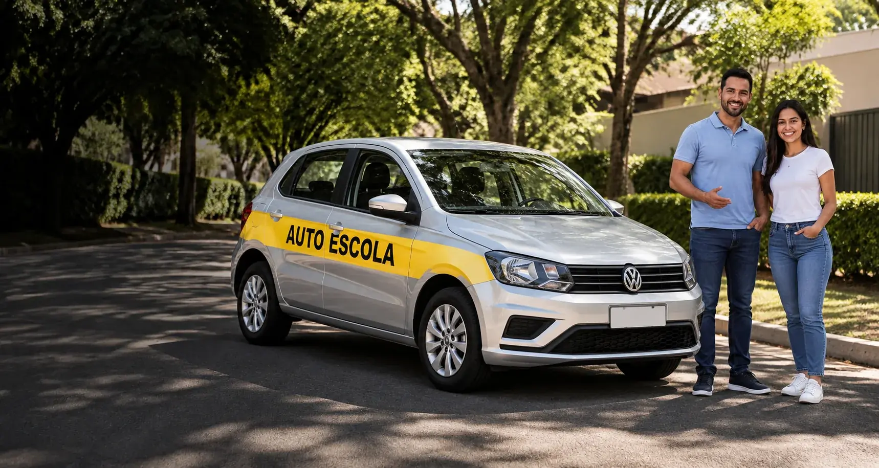 Imagem ilustrativa de instrutor e aluna ao lado de um carro de autoescola
